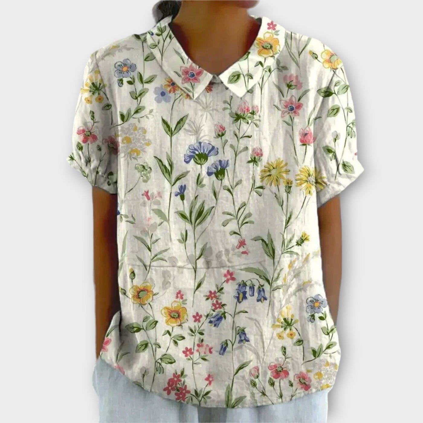 Thessaly™ - Blomstret Bluse i Bomuld og Hør