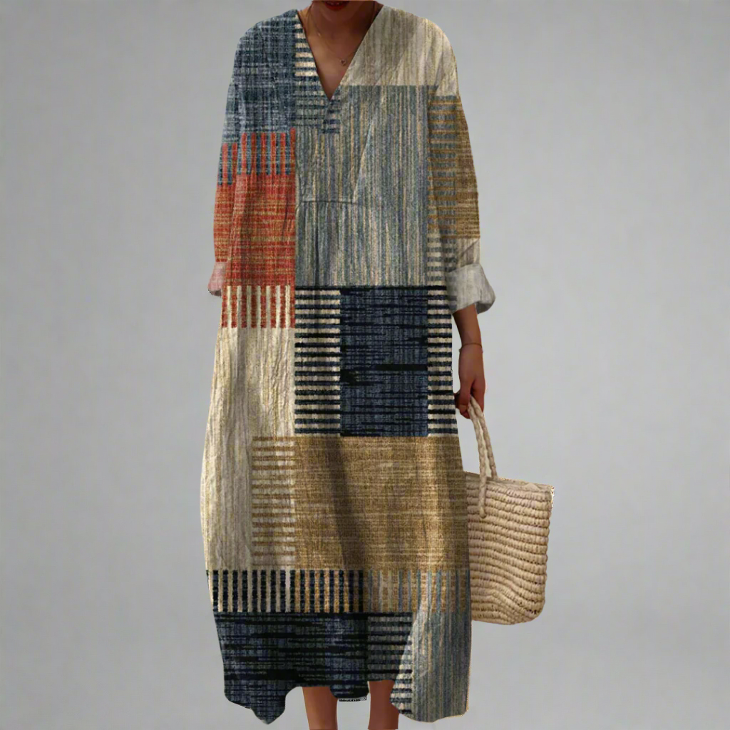 Harriet™ | Lækkert maxikjole i patchwork-stil i jordfarver