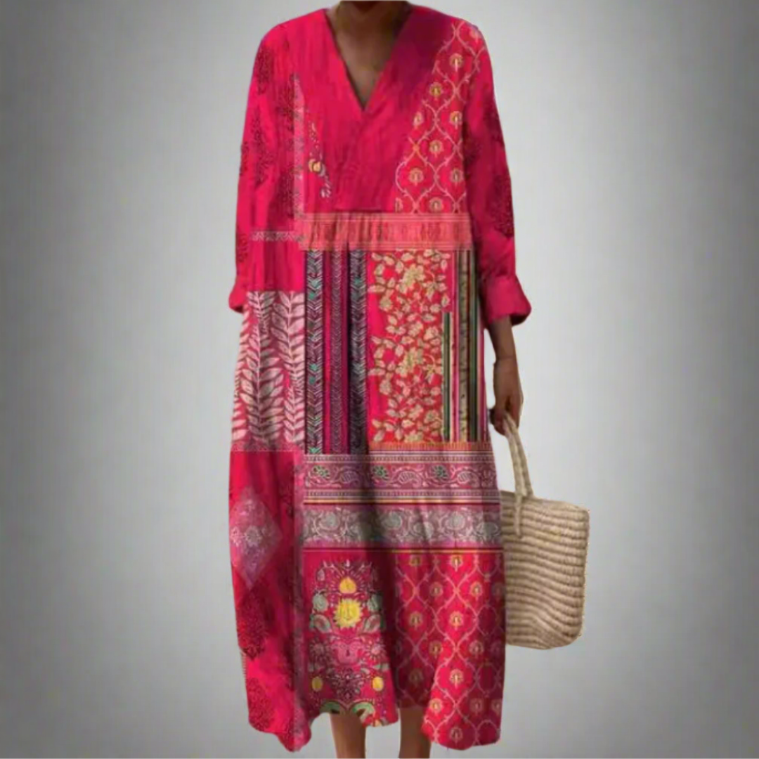 Maisie™ | Boho Midi-Kjole med Patchwork og lange Ærmer