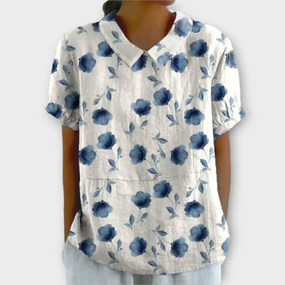 Thessaly™ - Blomstret Bluse i Bomuld og Hør