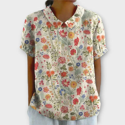 Thessaly™ - Blomstret Bluse i Bomuld og Hør